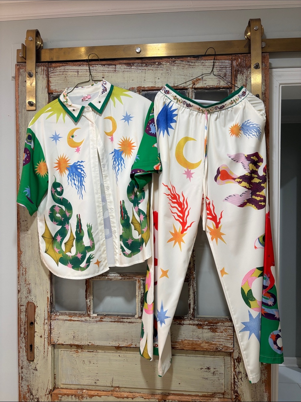 Celestial & Dragon Print Two-Piece - White & Green